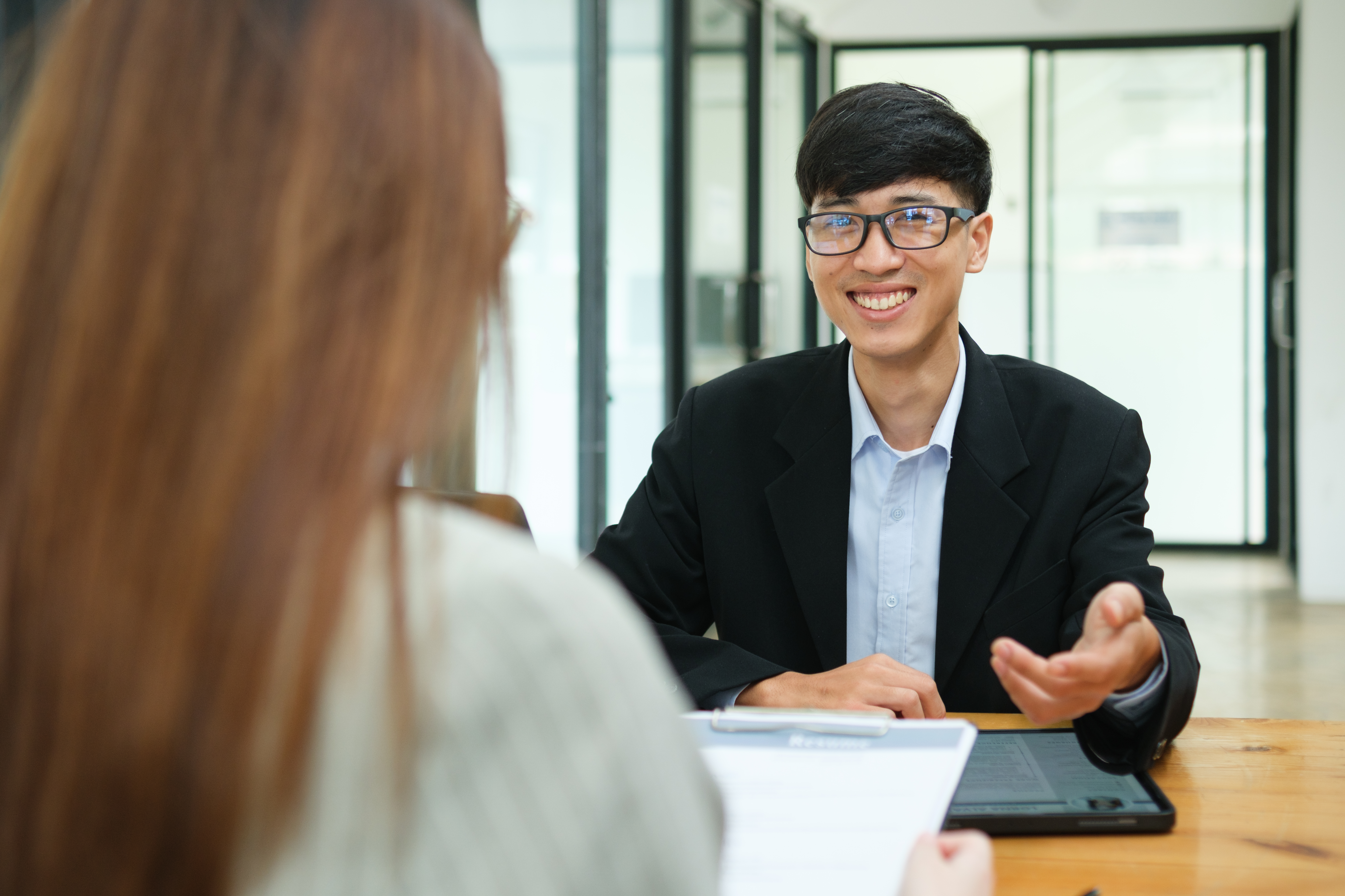 A sales and marketing intern in a job interview